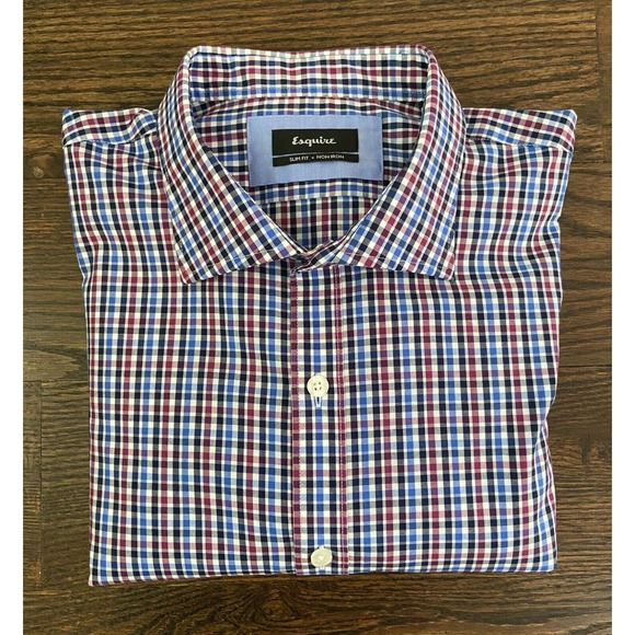Esquire Button Up Long Sleeve Shirt Men's 17.5 32/33 Slim Fit Checkered Print - Picture 1 of 9